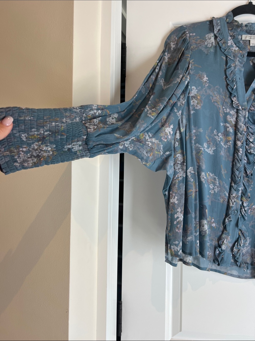 All Saints Blue Floral Ruffle Button-Up Blouse - Picture 4 of 5